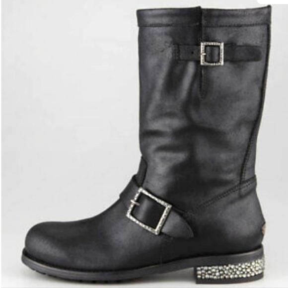 JIMMY CHOO Crystal-Detailed Suede Biker Boots in Black Size 40/US 9 - Picture 2 of 10